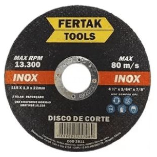 DISCO CORTE INOX 115MM 4.1/2 1.2 22MM FERTAK 2821