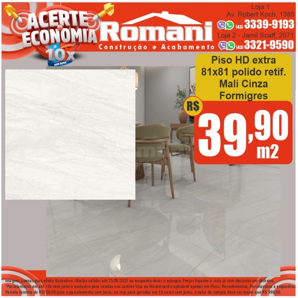 PISO MALI CINZA 81X81 POLIDO 1,97MT FORMIGRES RT