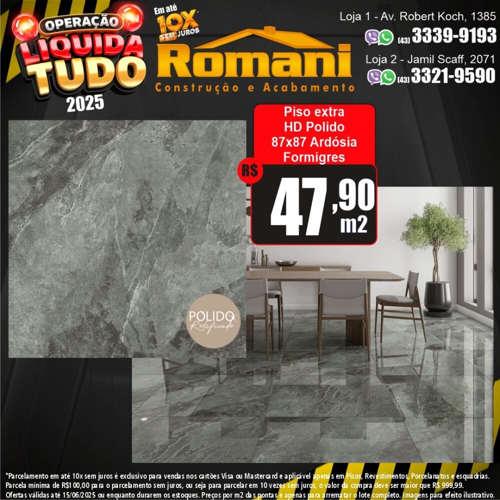 PISO ARDOSIA POLIDO 87X87 FORMIGRES 2,27MT*