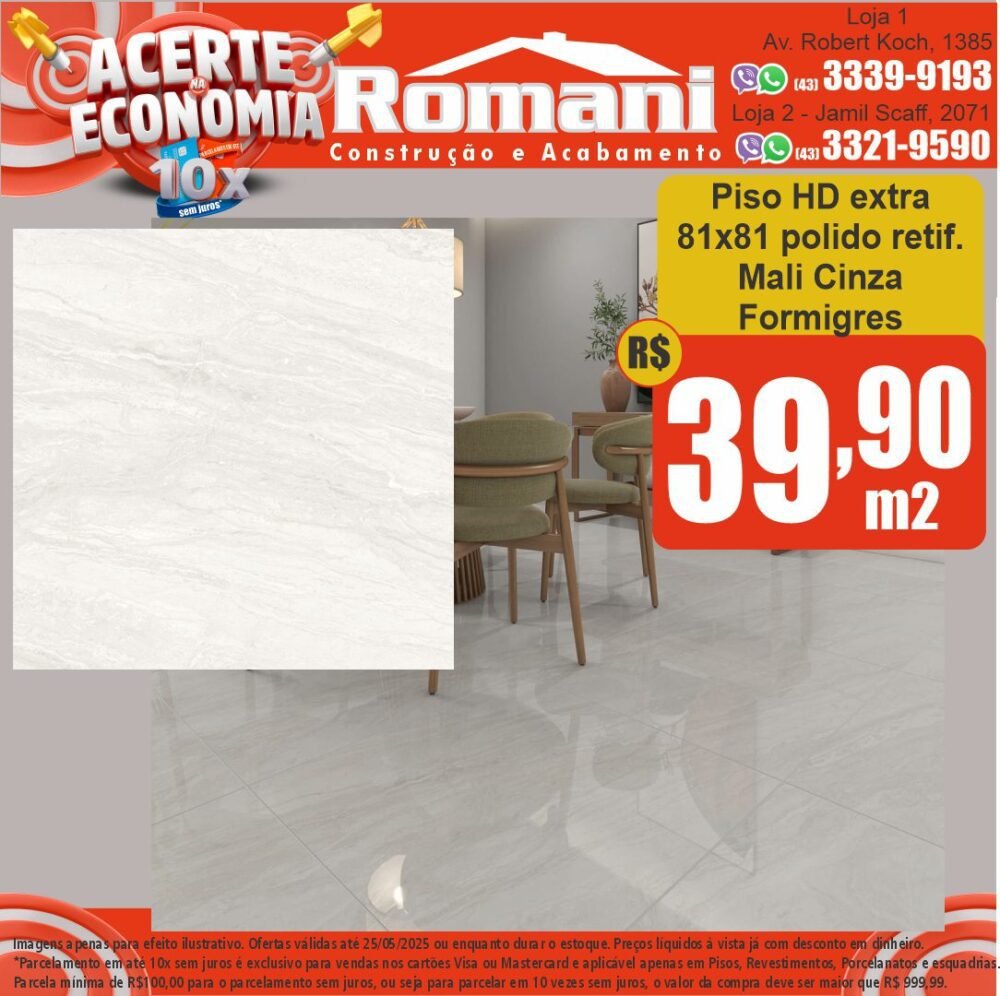 PISO MALI CINZA 81X81 POLIDO 1,97MT FORMIGRES RT
