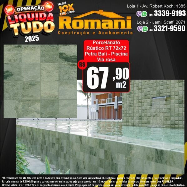 PORCELANATO PETRA BALI 72X72 GRANILHADO VIA ROSA 2,59MT