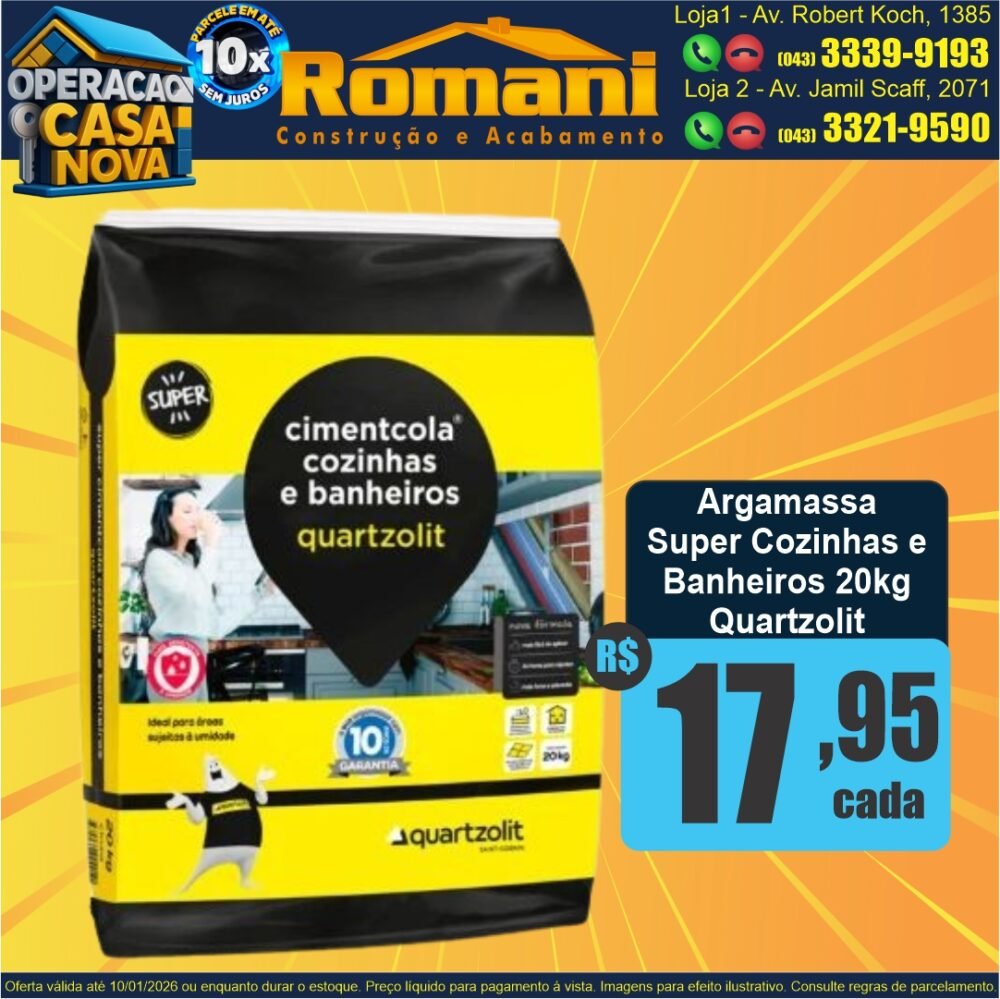 ARGAMASSA 20KG COZINHAS E BANHEIROS SUPER QUARTZOLIT PROMOCAO OFERTA
