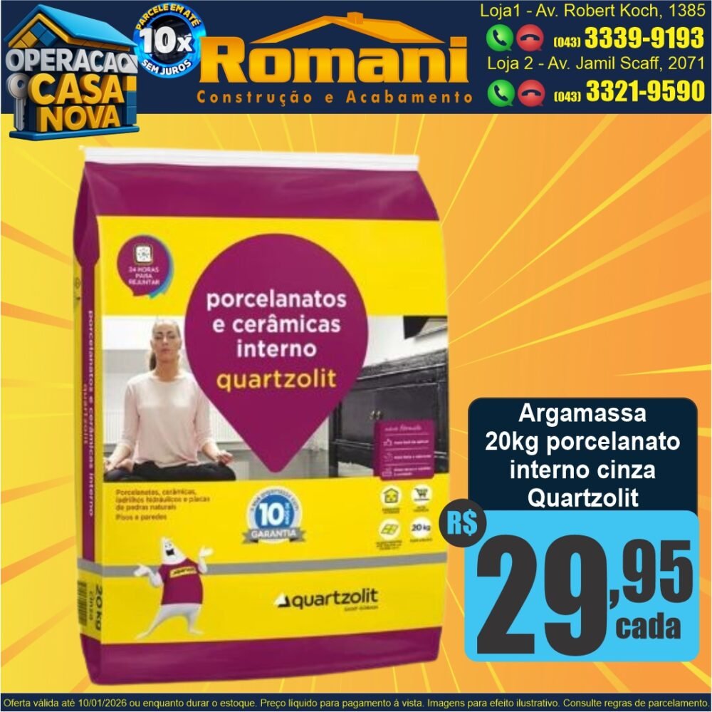 ARGAMASSA PORCELANTO INTERNO CINZA 20KG QUARTZOLIT PORMOCAO OFERTA