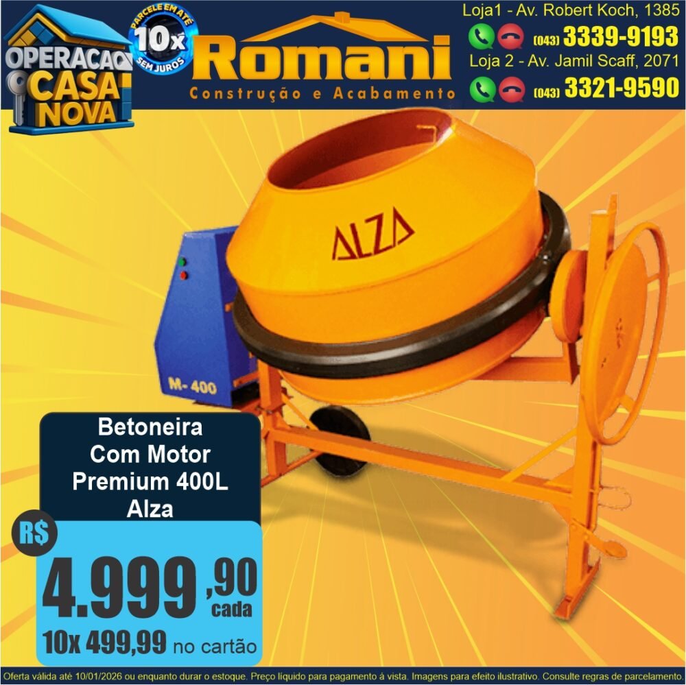 BETONEIRA 400L PREMIUM COM MOTOR ALZA OFERTA PROMOCAO 10X NO CARTAO SEM JUROS