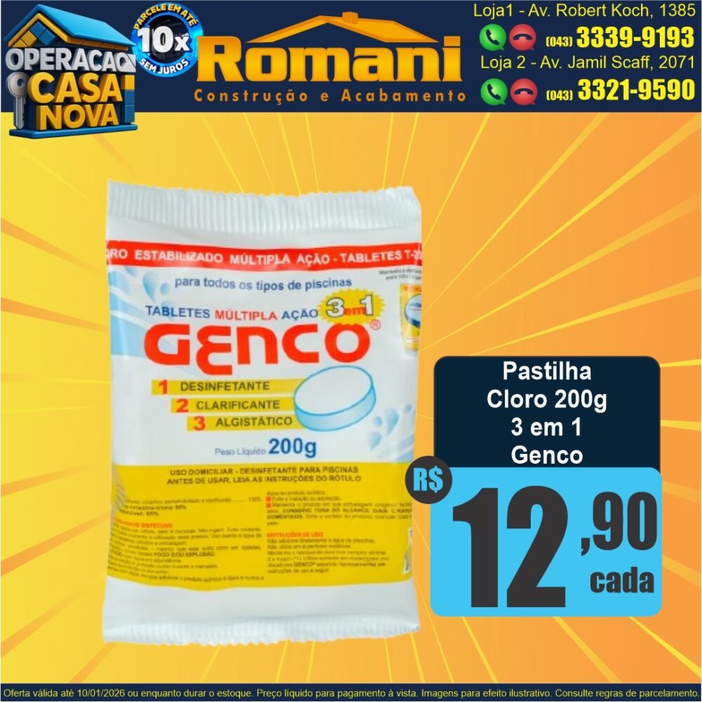 CLORO TABLET PASTILHA 3 EM 1 200GR GENCO OFERTA PROMOCAO
