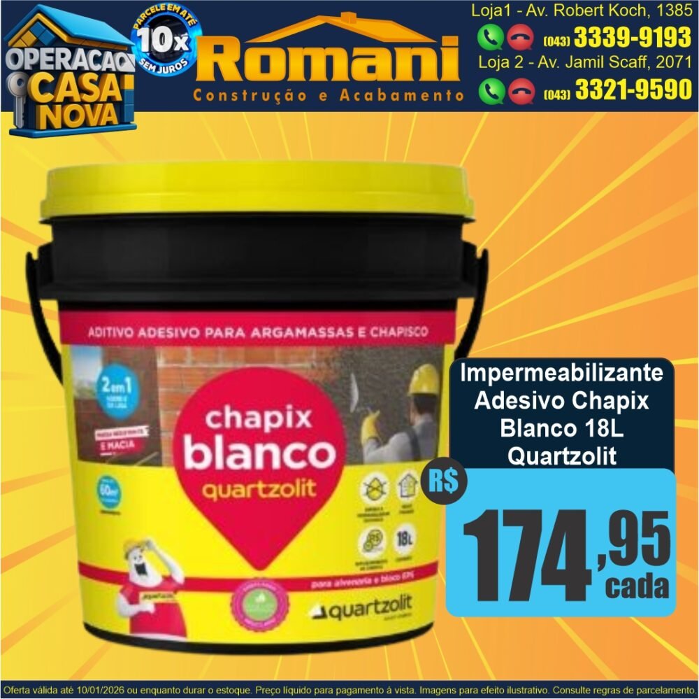 IMPERMEABILIZANTE CHAPIX CHAPISCO BLANCO BIANCO 18L QUARTZOLIT OFERTA PROMOCAO