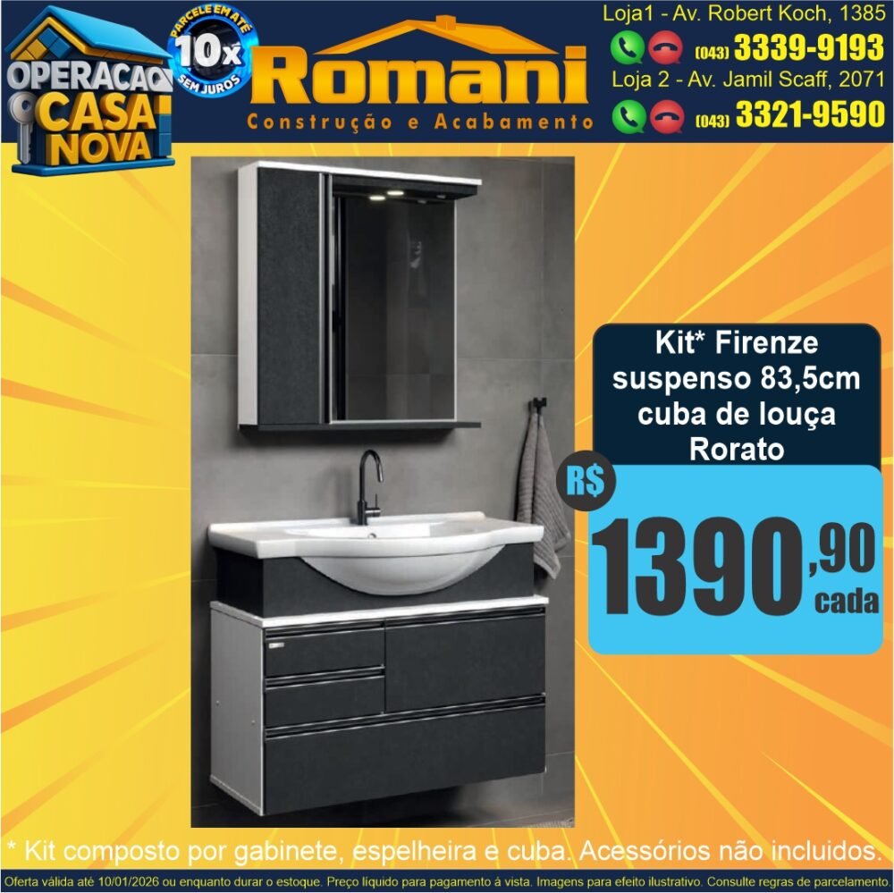 KIT GABINETE FIRENZE SUSPENSO 83,5CM CUBA DE LOUÇA RORATO OFERTA PROMOCAO PREMIUM LUXO