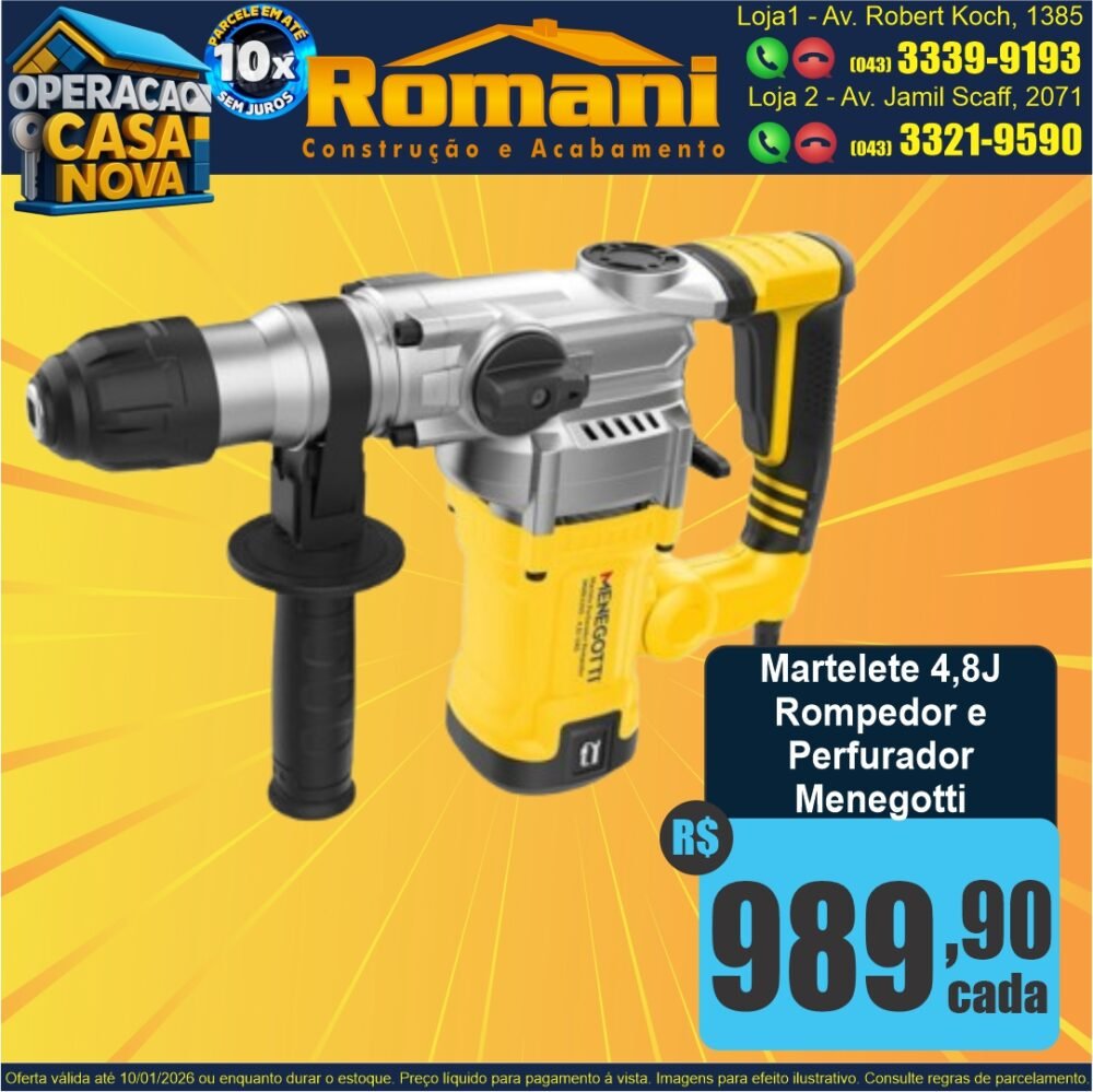 MARTELETE ROMPEDOR 4,8J 5J 1300W MENEGOTTI OFERTA PROMOCAO BARATO