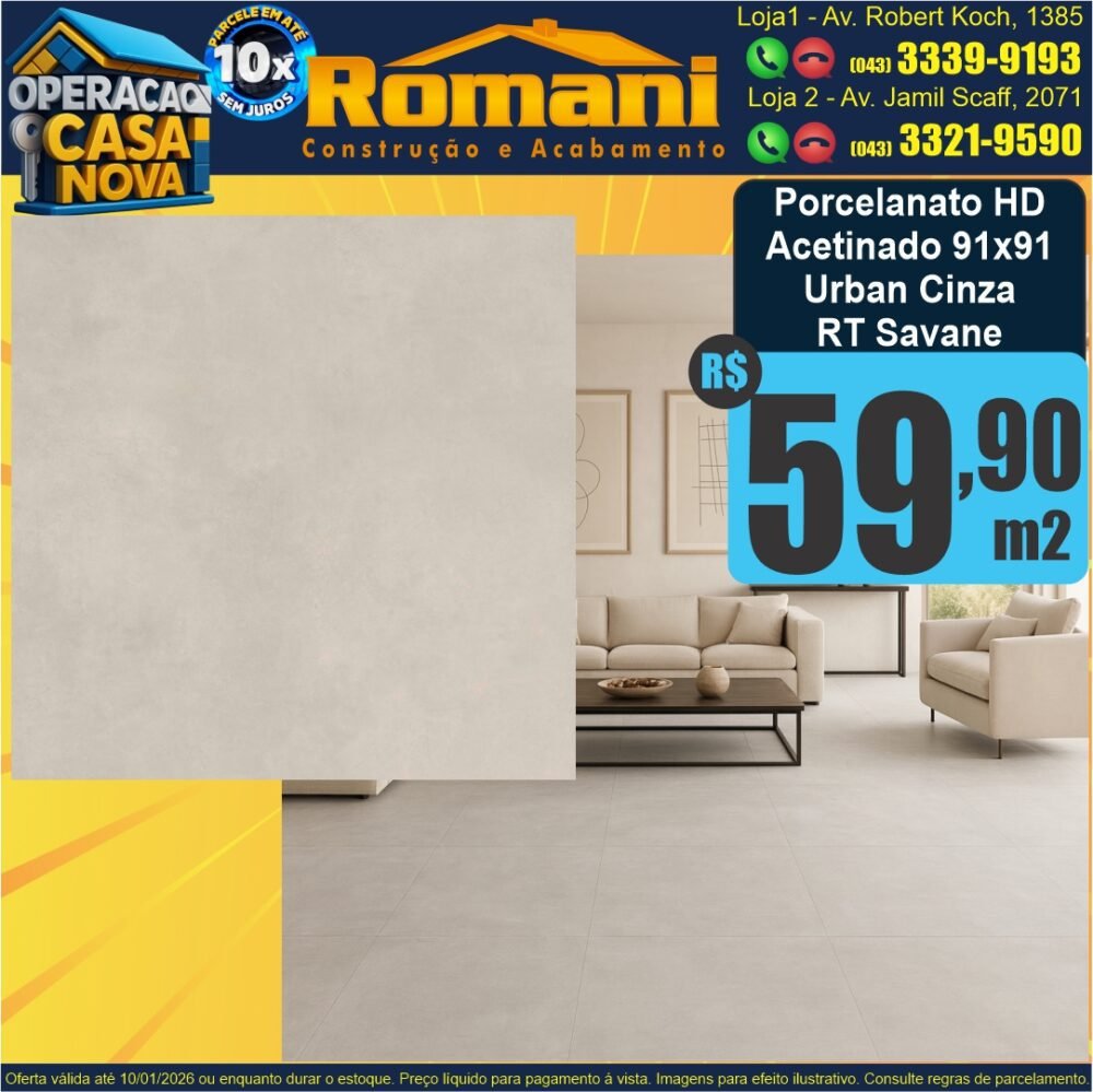 PORCELANATO ACETINADO 91X91 RETIFICADO HD URBAN CINZA SAVANE