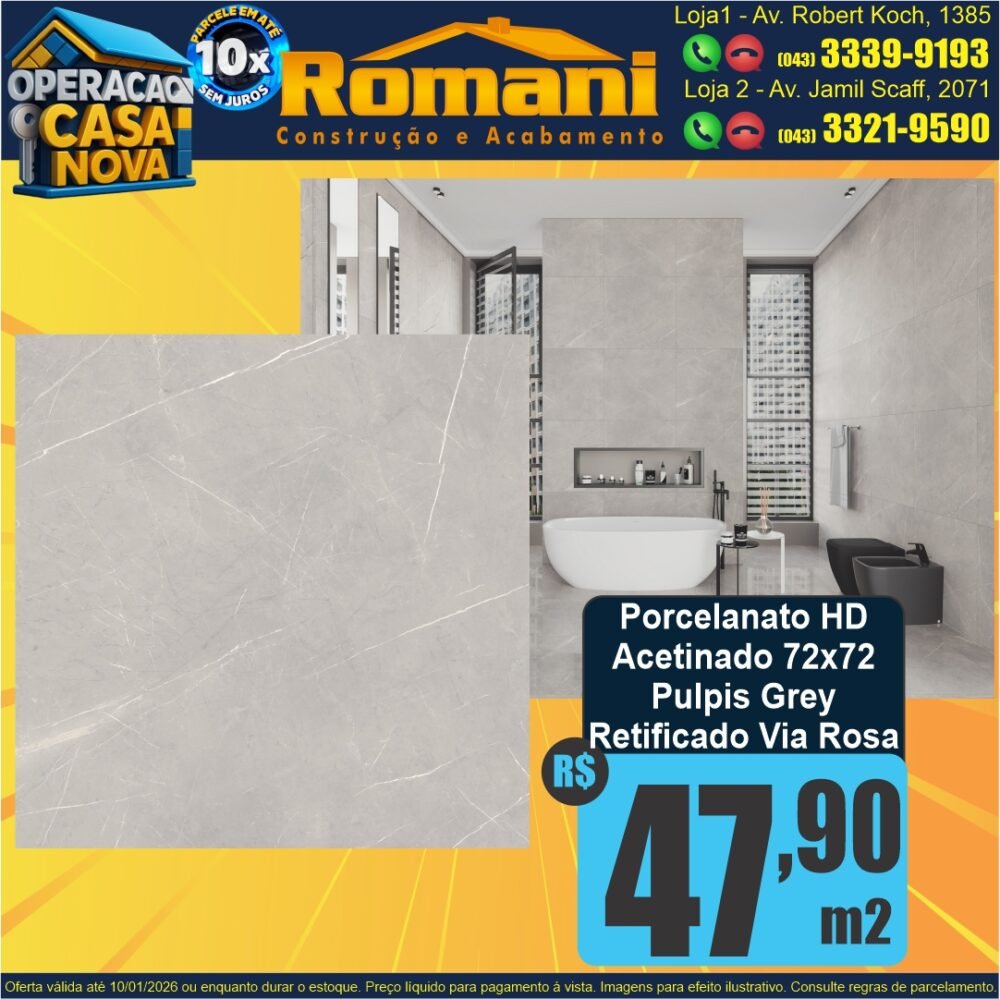 PORCELANATO ACETINADO HD PULPIS GREY 72X72 RETIFICADO VIA ROSA LEF