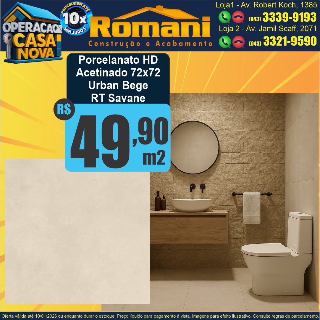 PORCELANATO ACETINADO HD RETIFICADO URBAN BEGE 72X72 SAVANE