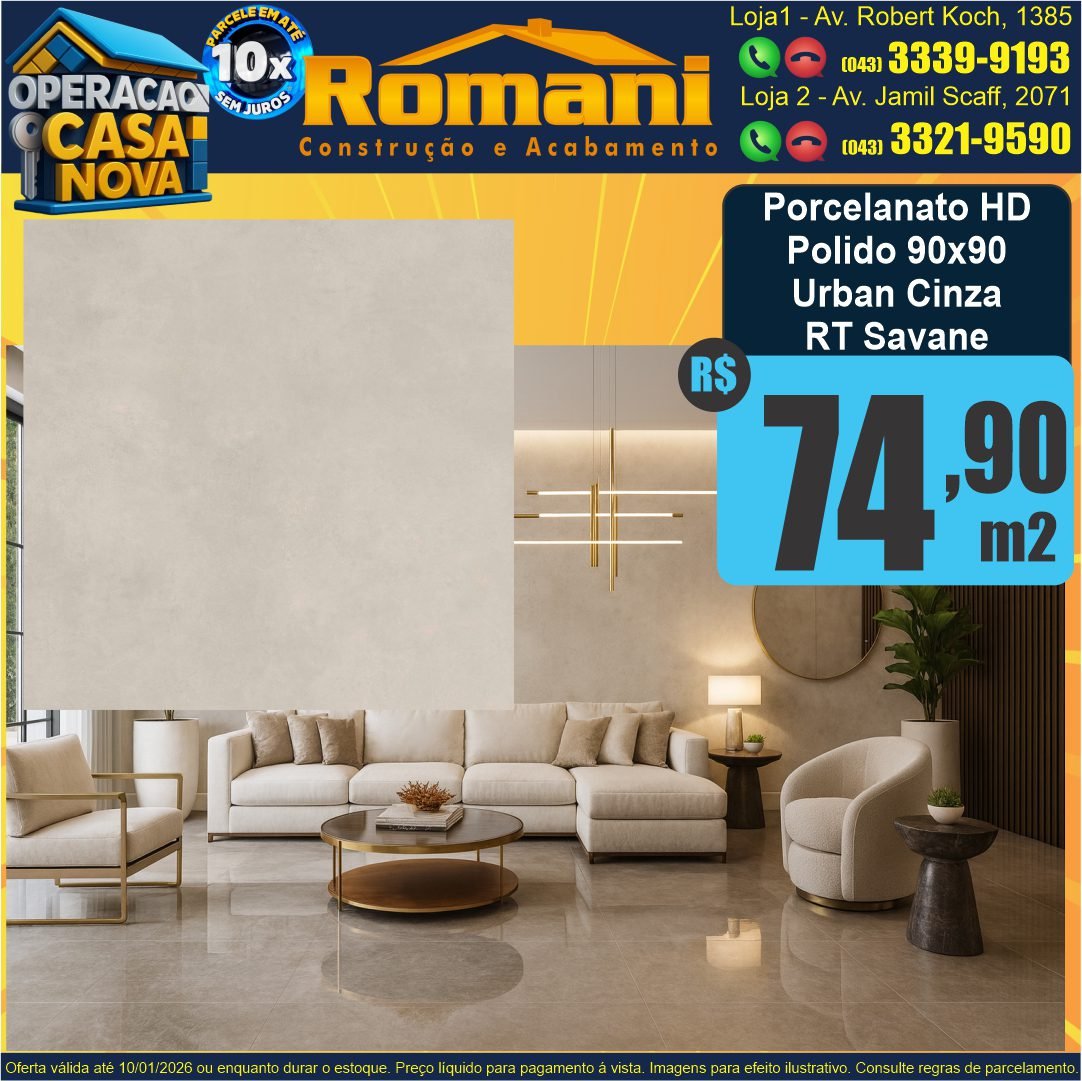 PORCELANATO POLIDO RETIFICADO HD 90X90 URBAN CINZA SAVANE