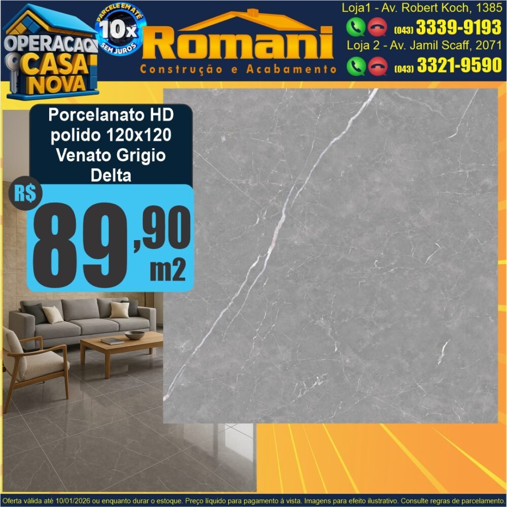 PORCELANATO POLIDO RETIFICADO HG VENATO GRIGIO DELTA NOVA GRANDE FORMATO