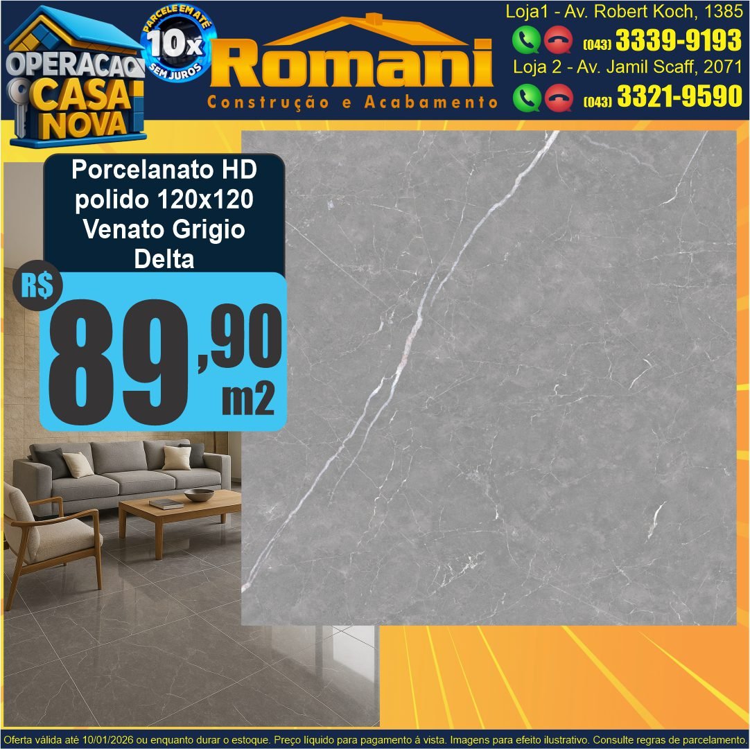 PORCELANATO POLIDO RETIFICADO HG VENATO GRIGIO DELTA NOVA GRANDE FORMATO