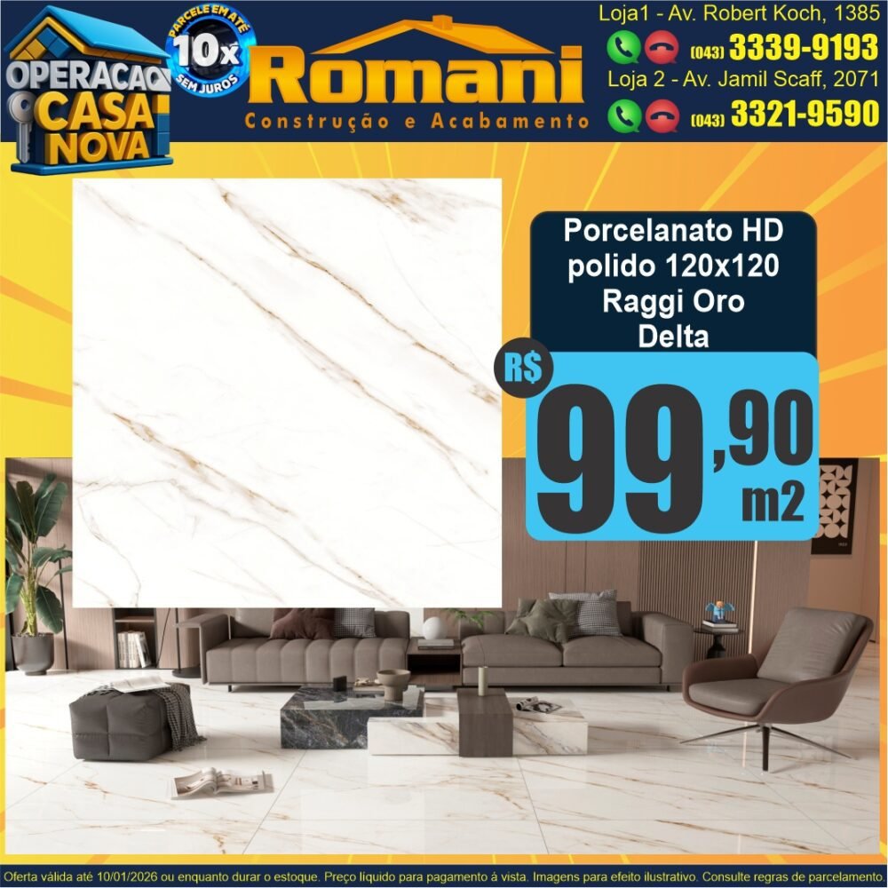 Porcelanato 120x120 polido retificado raggi oro delta nova