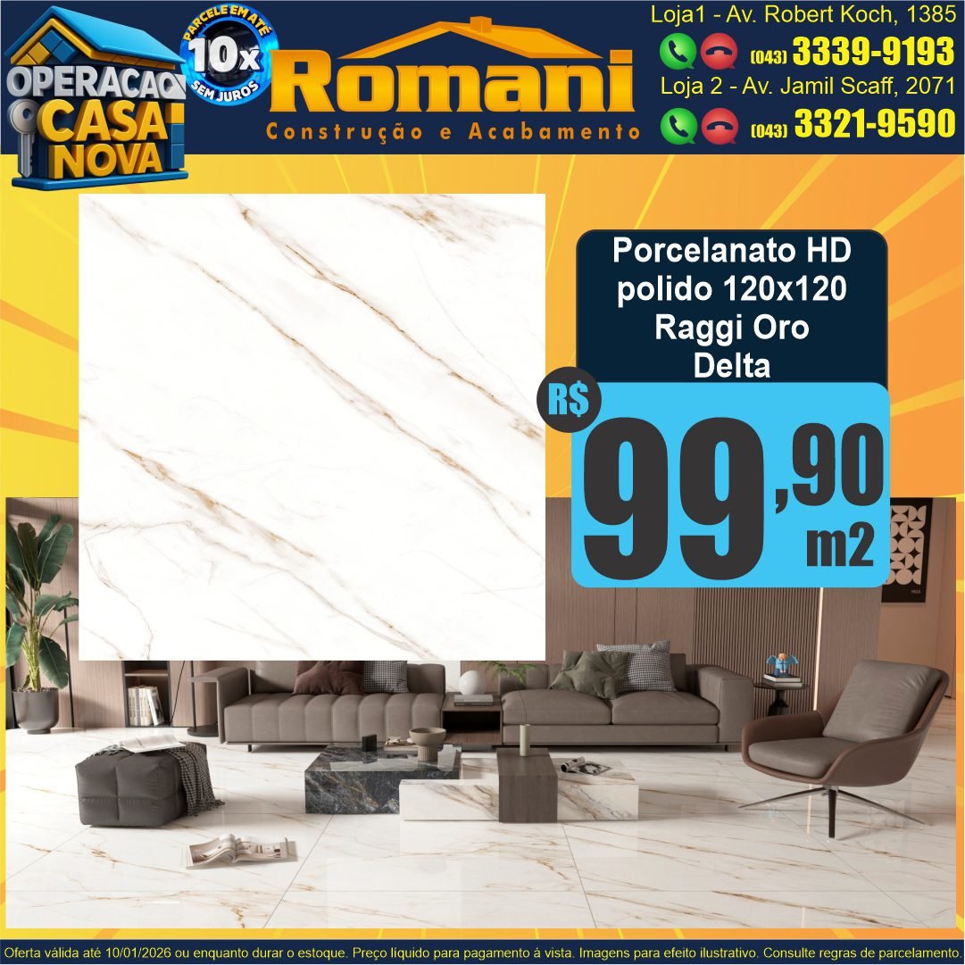 Porcelanato 120x120 polido retificado raggi oro delta nova