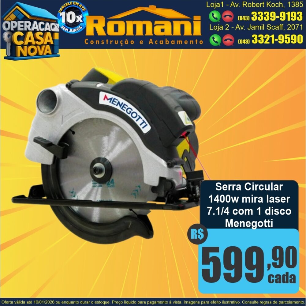 Serra Circular 1400W COM MIRA LASER + DISCO MENEGOTTI PROMOCAO OFERTA