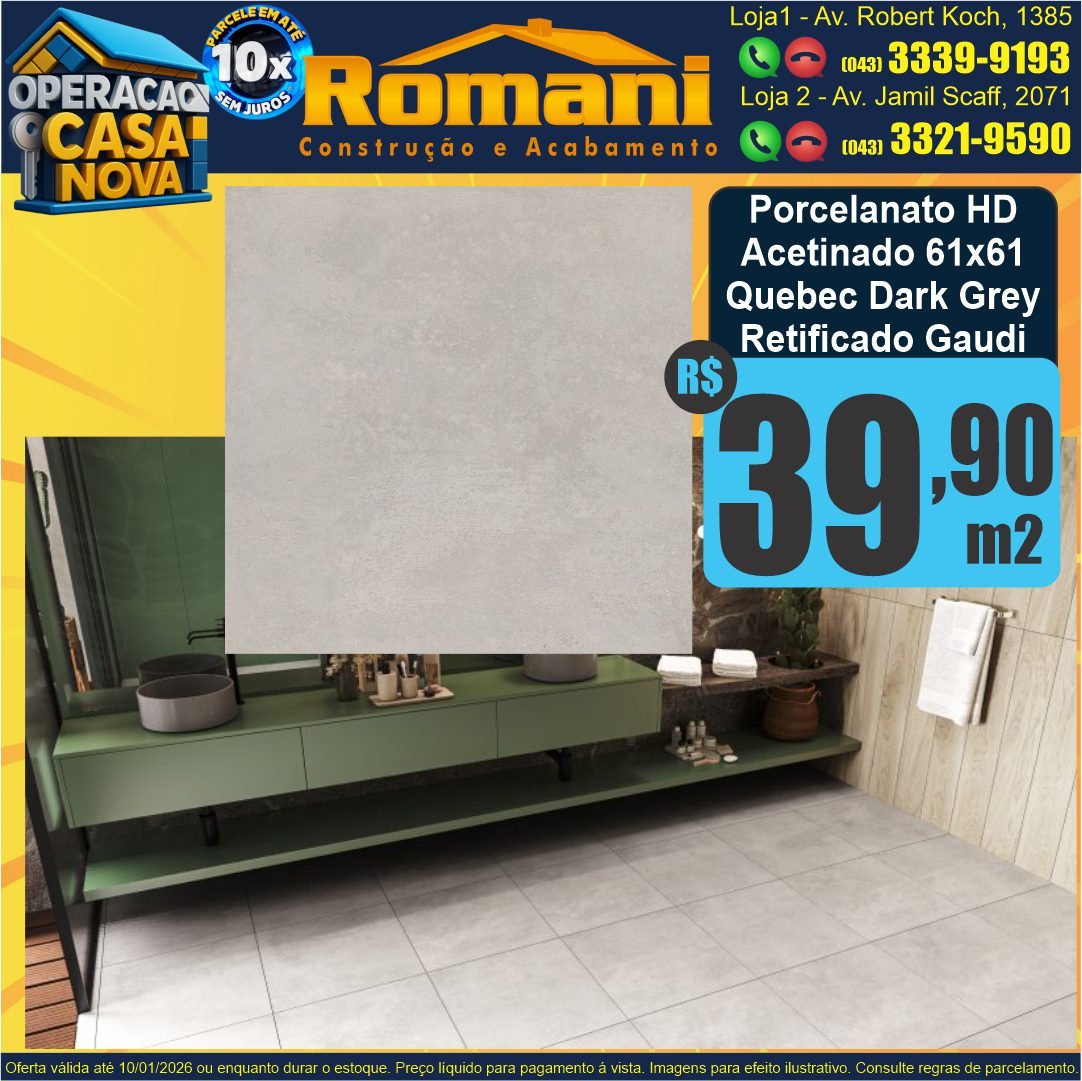 porcelanato acetinado 61x61 quebec dark grey gaudi retificado promocao