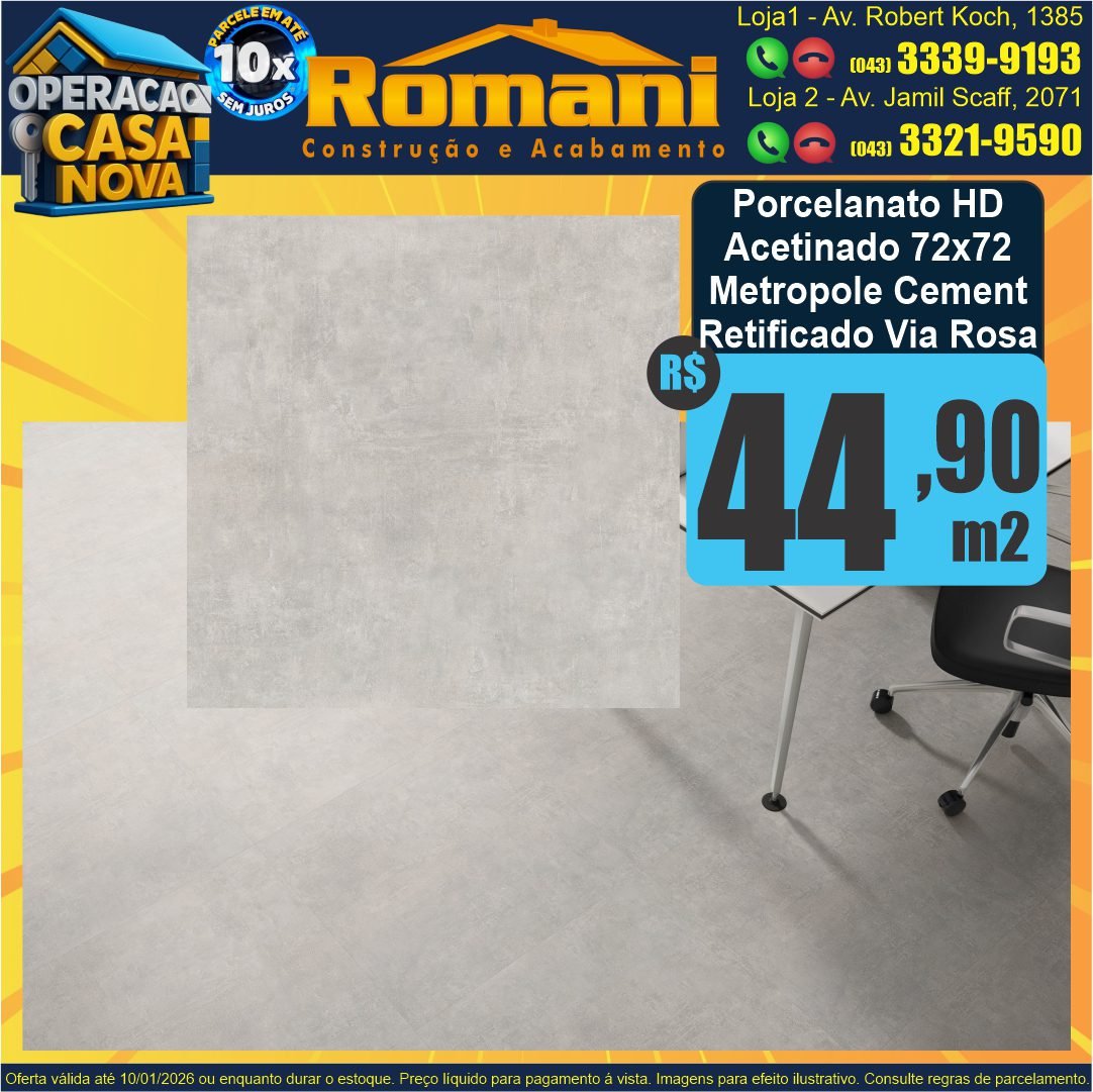 porcelanato acetinado 72x72 metropole cement retificado hd via rosa lef