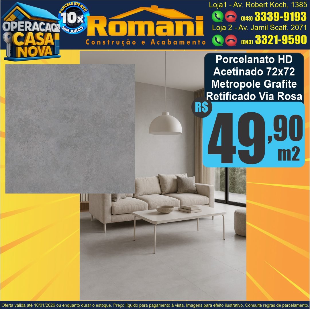 porcelanato acetinado 72x72 metropole grafite retificado hd via rosa lef