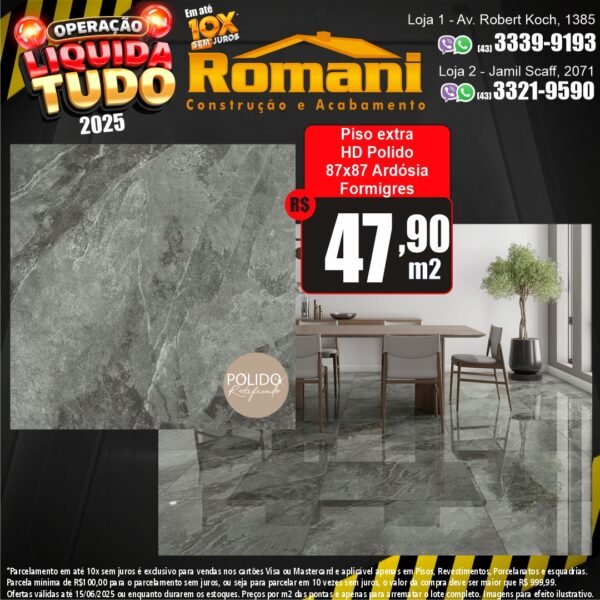 PISO ARDOSIA POLIDO 87X87 FORMIGRES 2,27MT*