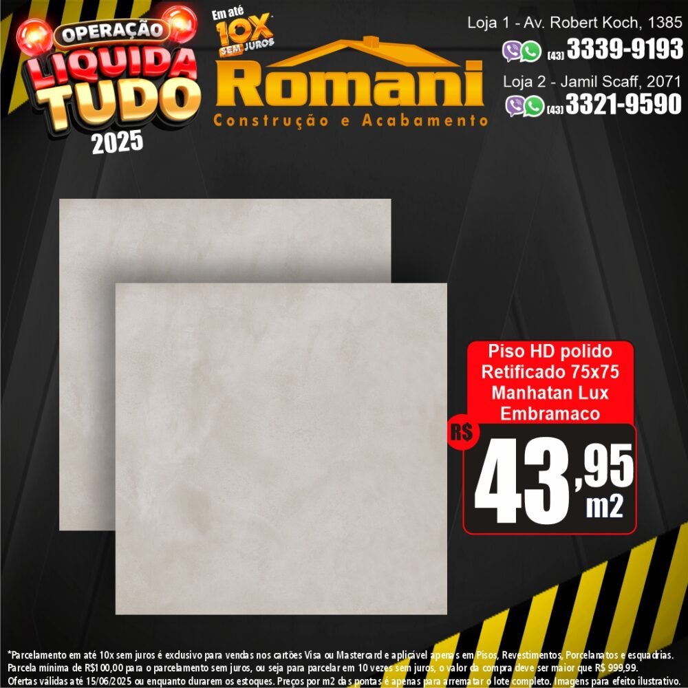PISO MANHATAN LUX PRIME 75X75 POLIDO 2,81MT EMBRAMACO P75036