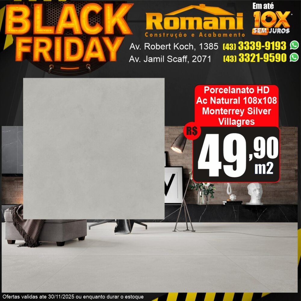 porcelanato monterrey silver 108x108 natural acetinado villagres - promocao black friday