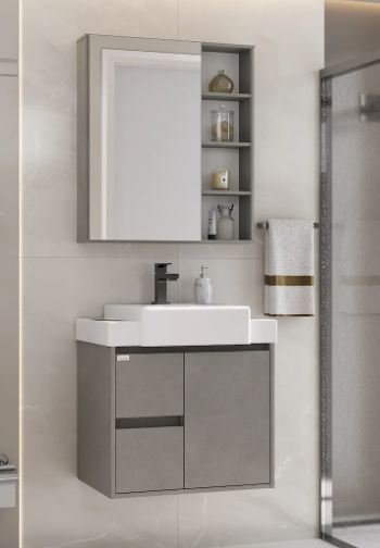 KIT (ARMARIO+ESPELHEIRA+CUBA SINTETICA) 60CM VALENTINA GRIGIO FABRIBAM