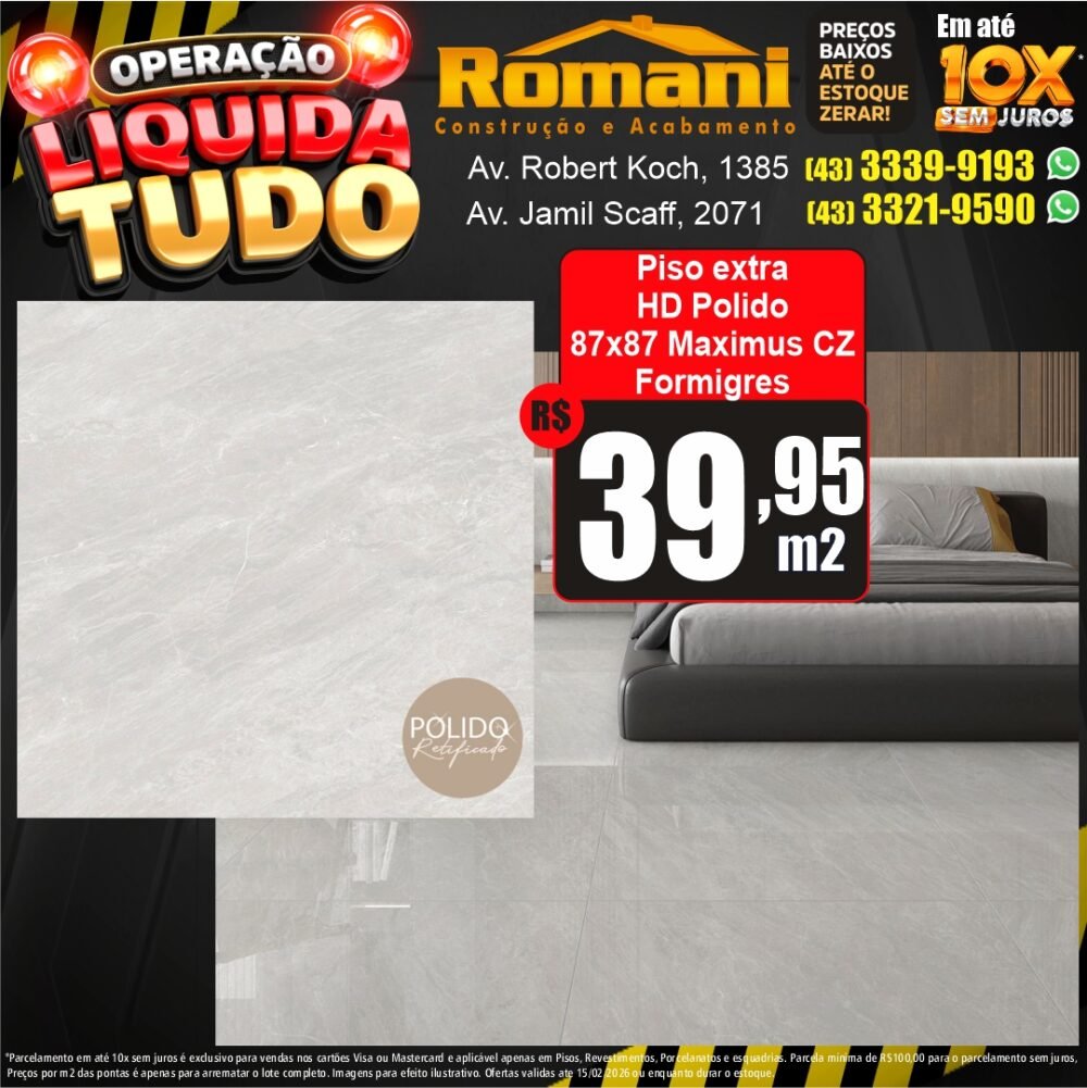 piso polido 88x88 retificado maximus cinza - liquidacao oferta promocao