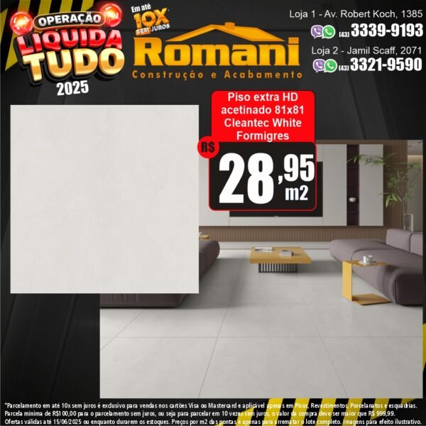 PISO CLEANTEC WHITE MATE 81X81 ACETINADO 1,97MT FORMIGRES RT