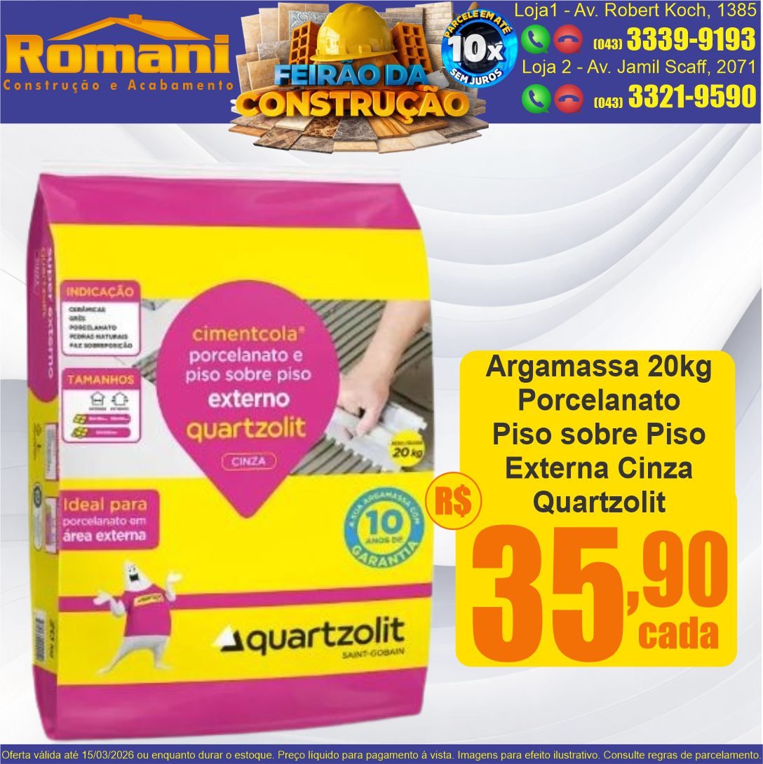 ARGAMASSA PARA PORCELANATO E PISO SOBRE PISO EXTERNA CINZA 20KG QUARTZOLIT OFERTA PROMOCAO
