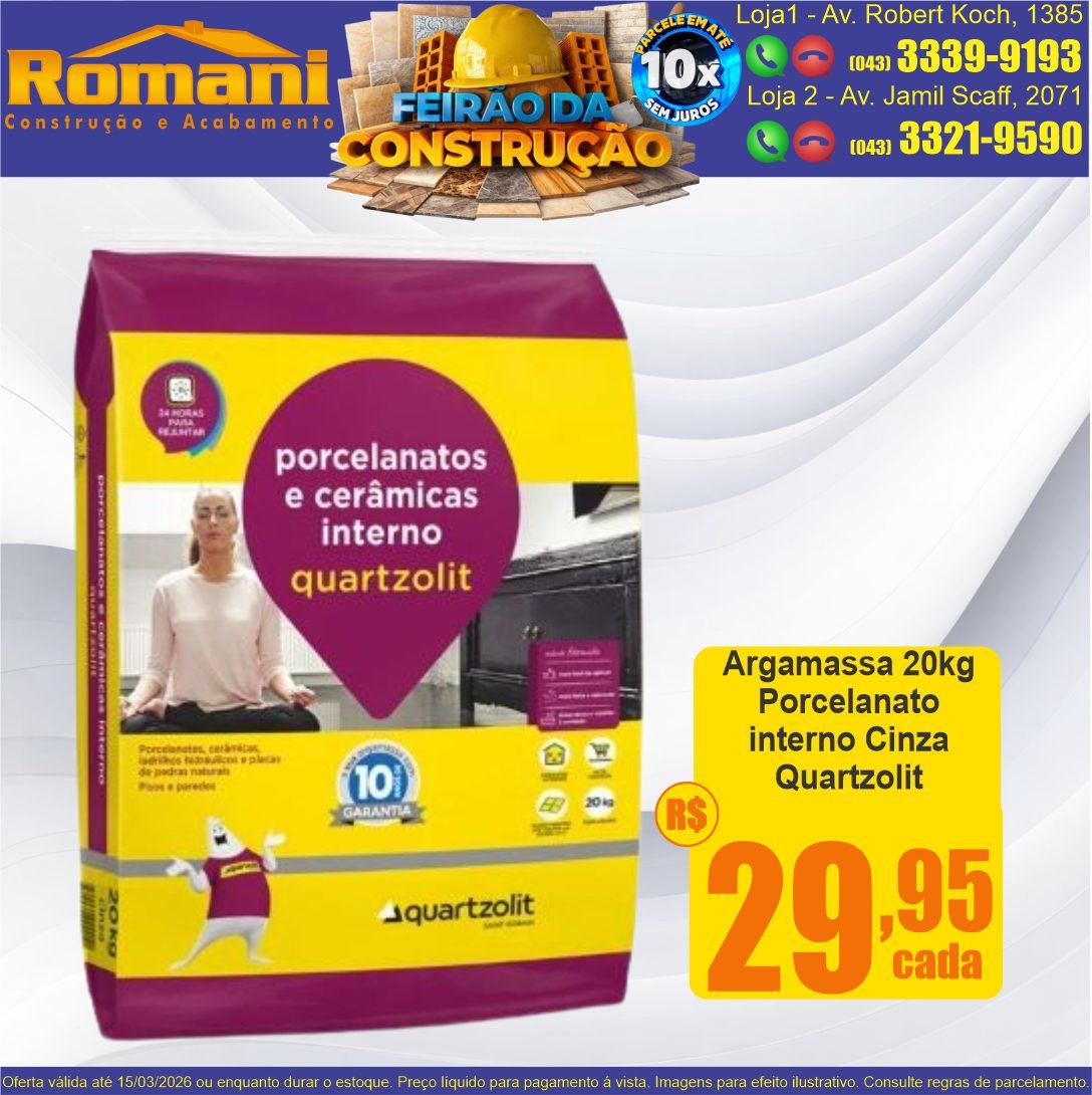 ARGAMASSA PORCELANATO E CERAMICA INTERNO CINZA 20KG QUARTZOLIT OFERTA PROMOCAO