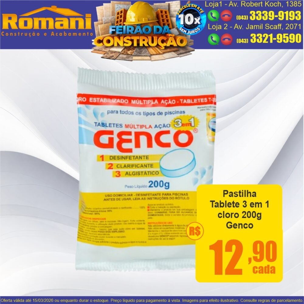 PASTILHA TABLEMA CLORO 200G GENCO OFERTA PROMOCAO