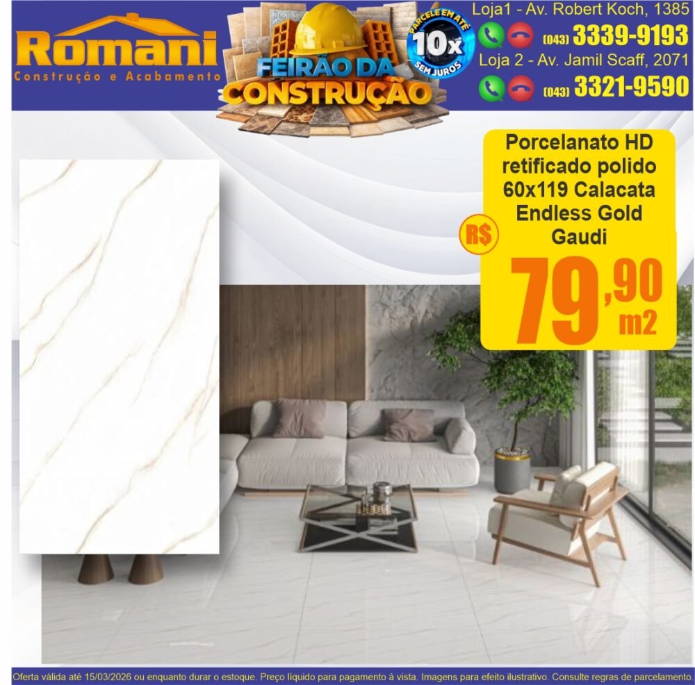 porcelanato polido 60x119 calacata endless gold retificado gaudi promocao oferta