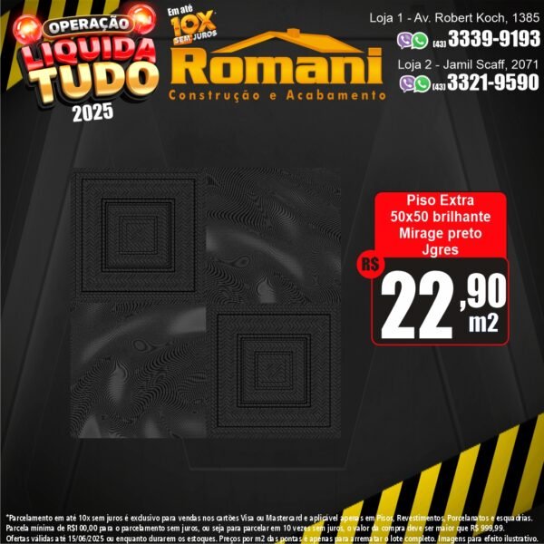 PISO MIRAGE JGRES 50X50 PRETO 2,50 MT