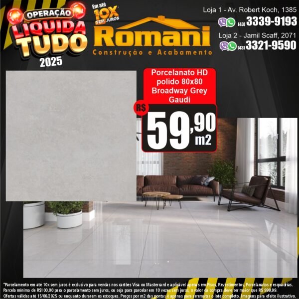 PORCELANATO BROADWAY DARK GREY POLIDO RT 80X80 GAUDI (2,57)