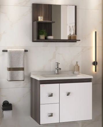 KIT SMART AMENDOA 60CM SUSPENSO GABINETE + ESPELHEIRA + CUBA FABRIBAM