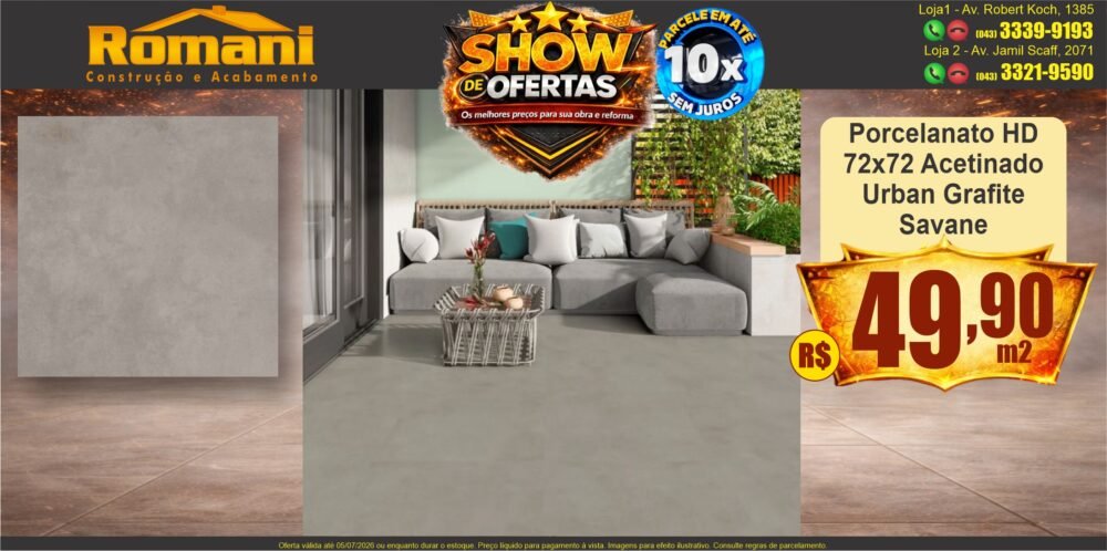 gr_porcelanato 72x72 acetinado hd cimenticio urban grafite savane - show de oferta promocao barato romani